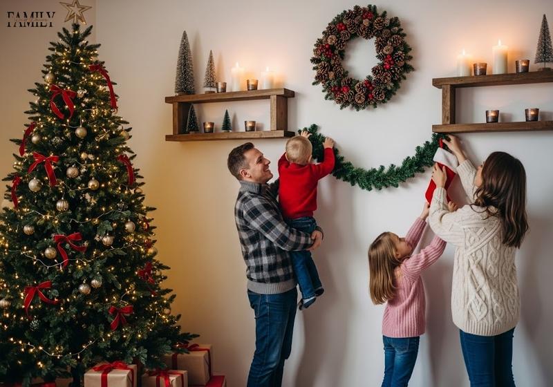 A family of four decorating a Christmas wall with a pine garland and stockings, next to a festive Christmas tree adorned with red ribbons and gold ornaments.
