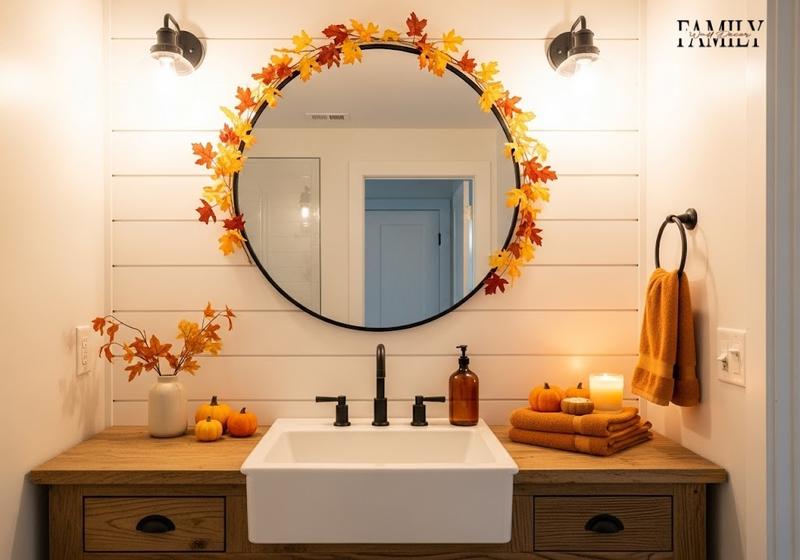 Farmhouse bathroom with autumn leaf garland mirror, pumpkins, candles, and warm towels