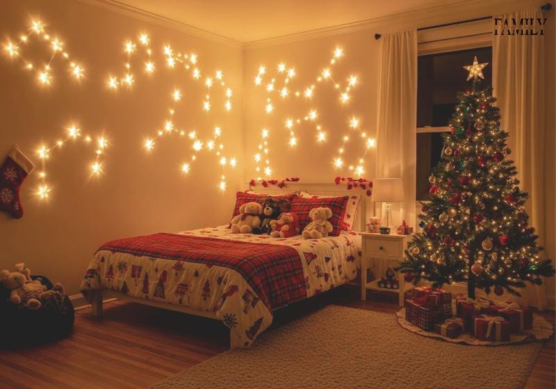 Cozy kids’ bedroom with twinkling star string lights, a small decorated Christmas tree, and soft pastel bedding for a calm holiday atmosphere.