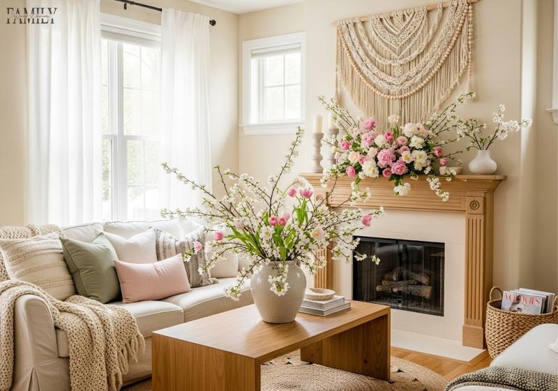 Bright spring living room with cream walls, macramé wall hanging, pastel floral arrangements, and a statement vase centerpiece on the coffee table, creating a fresh seasonal look.