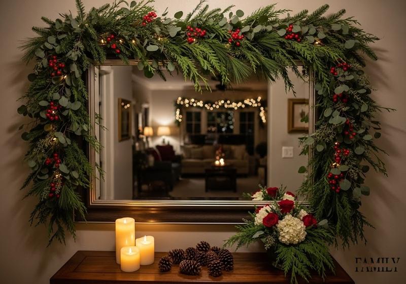 Mirror framed with greenery and berry garland, glowing with warm fairy lights, reflecting a cozy holiday room.