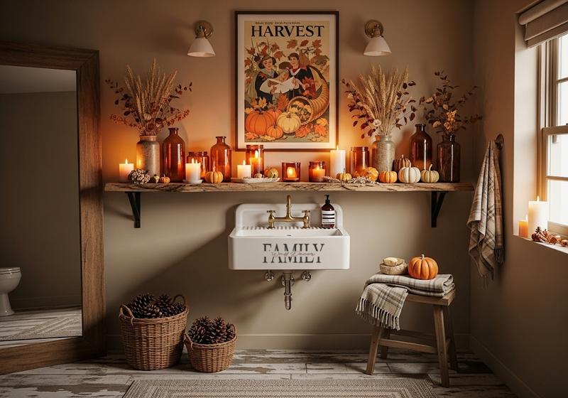 Cozy rustic bathroom with a vintage harvest poster, autumn shelf decor, candles, pumpkins, plaid stool, and pinecone basket in warm golden lighting.