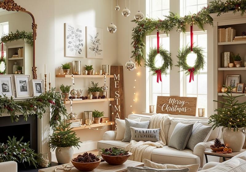 Elegant holiday living room with cream walls, gold mirror, rustic wood accents, silver fairy lights, and lush greenery garlands for a warm and timeless Christmas look.