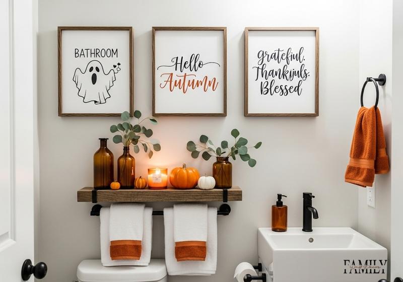 Fall bathroom wall with three framed signs, ghost art, and autumn shelf décor.