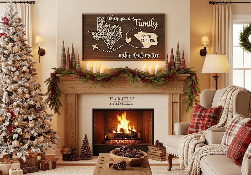 Cozy Christmas living room with Texas–South Carolina family wood sign above the fireplace.