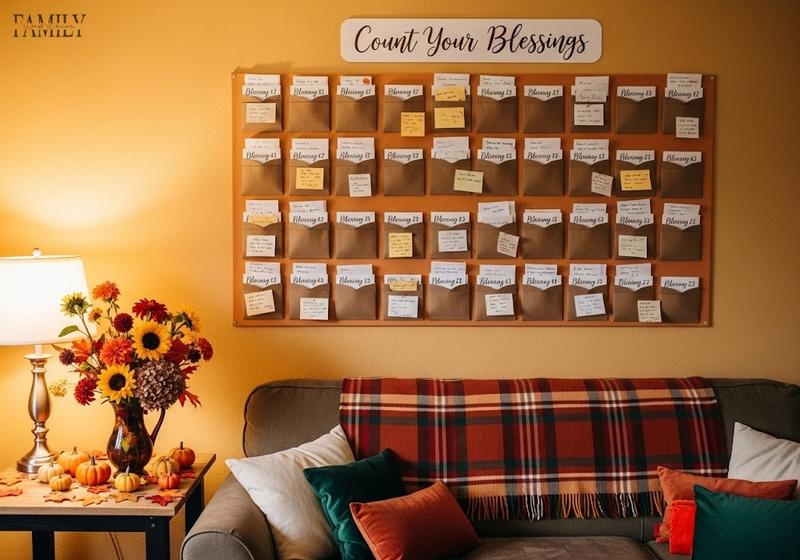 Interactive Thanksgiving “Count Your Blessings” notes wall with paper pockets, envelopes, and guest-written notes, decorated with fall leaves and pumpkins in a cozy living room.