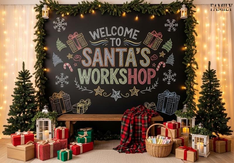Festive Christmas party photo backdrop with “Welcome to Santa’s Workshop” chalkboard design, fairy lights, mini Christmas trees, wrapped gifts, lanterns, and a cozy bench with a plaid blanket.