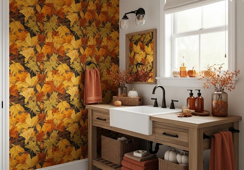 Farmhouse bathroom with bold autumn leaf wallpaper, rustic wood vanity, amber bottles, pumpkins, and fall foliage accents for seasonal warmth.