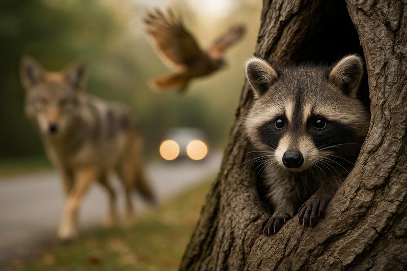 A young raccoon peeking from a tree hollow as a coyote and a bird of prey appear in the background near a road, symbolizing natural and human dangers that shorten raccoon lifespan.