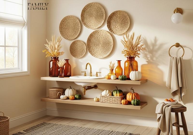 Cozy fall bathroom with woven seagrass wall plates, amber vases, and small pumpkins on a floating wooden shelf.