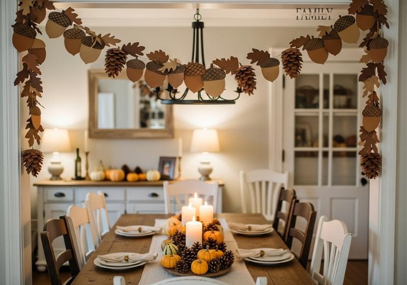 Rustic Thanksgiving dining room with paper acorn and pinecone garlands and candles.