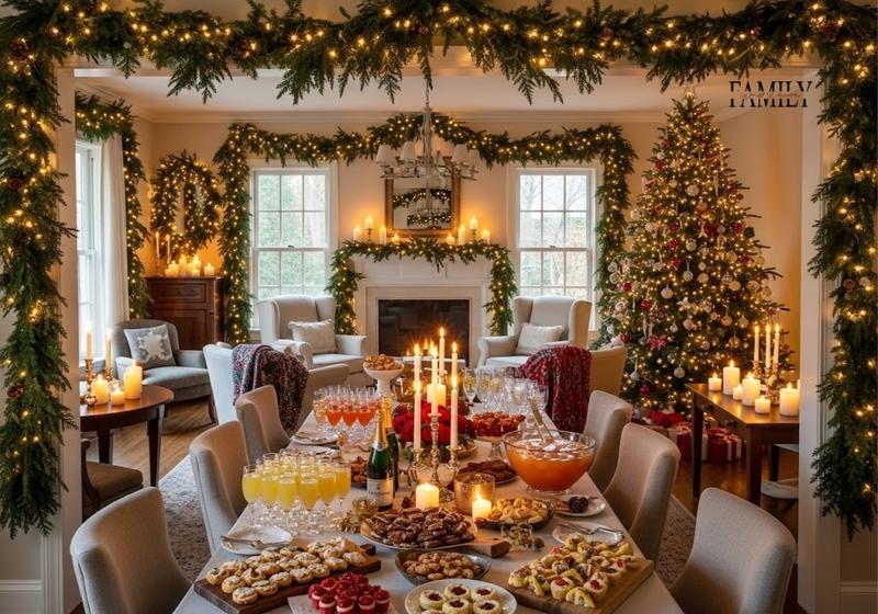 Christmas party room decorated with evergreen garlands, a lit tree, and a festive table full of food and drinks.