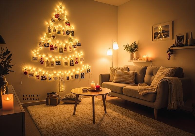 Cozy living room with a wall-mounted Christmas tree made of twinkle lights, decorated with photos and ornaments, warm candles, and soft neutral furnishings.