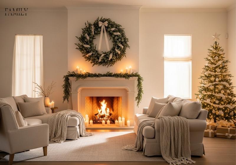 Elegant cream holiday living room with wreath, garland, and candlelit fireplace
