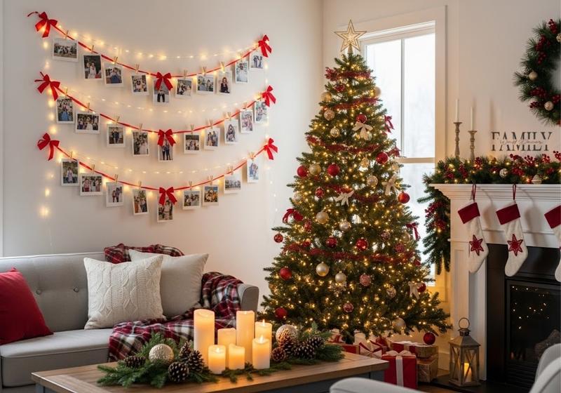 Bright Christmas living room with string light photo gallery and festive tree.