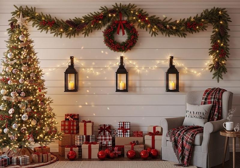 Cozy farmhouse Christmas wall decor with glowing lanterns, wreath, and wrapped gifts