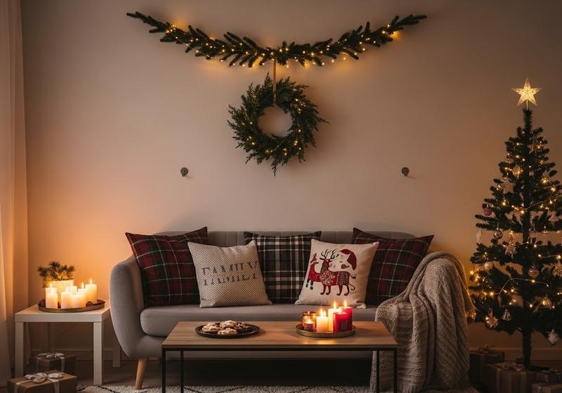 Modern living room with a minimalist Christmas wreath, string lights, cozy sofa with plaid pillows, candles, and a small decorated tree.