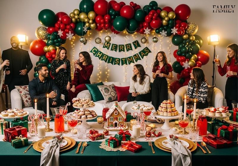 Christmas party with friends gathered around a festive table, balloon arch wall decoration, string lights, and wrapped gifts creating a joyful holiday atmosphere