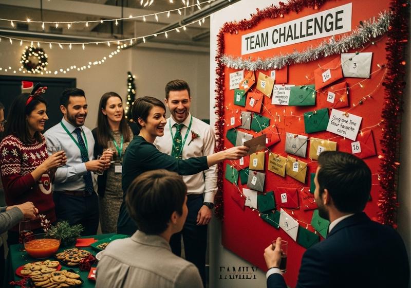 Office Christmas party with colleagues laughing and interacting at a festive team challenge wall decorated with colorful envelopes containing holiday dares, surrounded by string lights and treats on a table