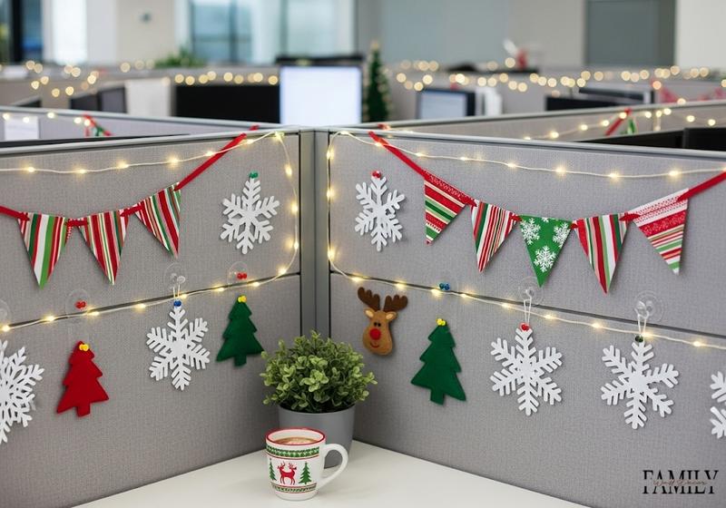 Office cubicle with paper snowflakes, felt trees, fabric banners, and string lights