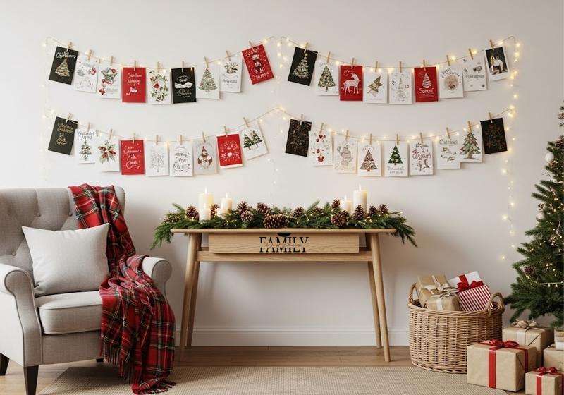 Christmas card wall with garland, candles, plaid chair, and gifts in cozy living room.