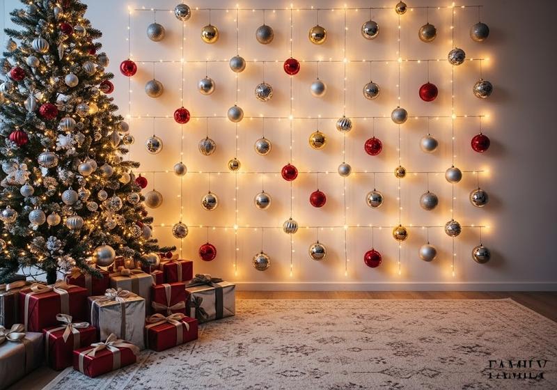 Wide-angle living room view with geometric fairy light grid wall, Christmas ornaments, tree, and wrapped gifts for a festive holiday look