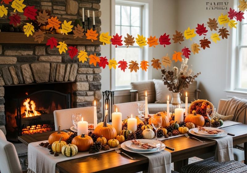 Thanksgiving dining table with pumpkins and candles under a colorful leaf gratitude garland.