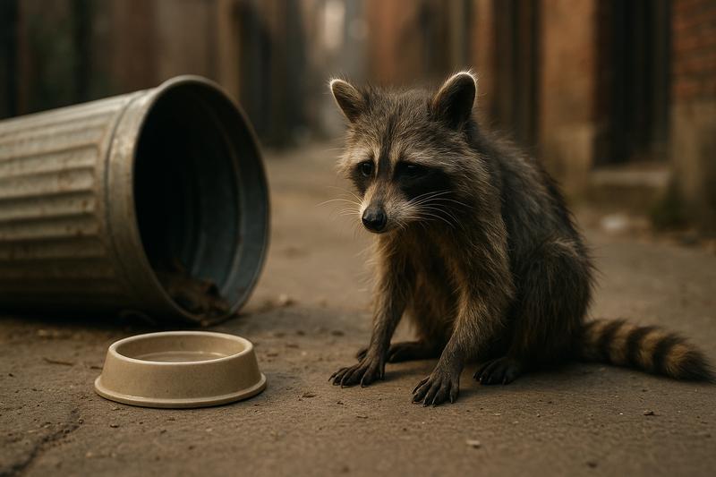 A weak, tired raccoon sitting beside an empty water dish and overturned trash can in a dry urban alley, symbolizing survival challenges without food and water.