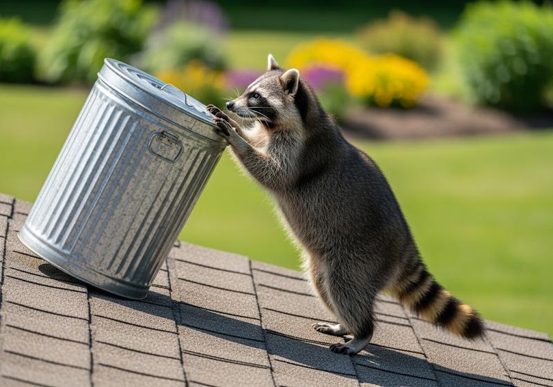 A raccoon on a rooftop tipping over a metal trash can, showing how it uses strength and dexterity rather than chewing like rodents.