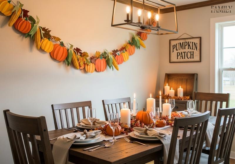 Thanksgiving dining room decorated with a paper pumpkin and corn garland, candles, and pumpkins on a rustic wooden table, creating a warm farmhouse atmosphere.