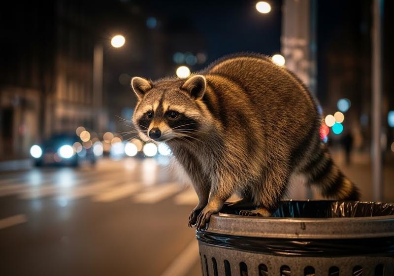 A raccoon standing on the edge of a trash can at night in a city street, illuminated by soft streetlights and blurred car headlights in the background.