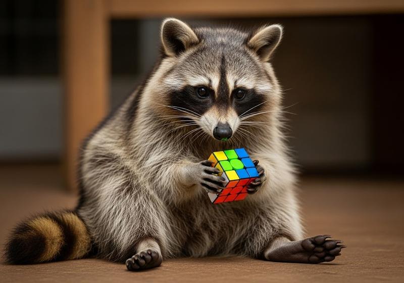A curious raccoon sitting on the floor holding a colorful Rubik’s cube with both hands, showing its dexterous fingers and intelligence.