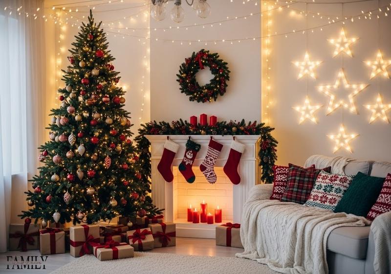 Bright Scandinavian Christmas living room with star light wall decorations, hanging stockings, festive pillows, and a decorated Christmas tree with gifts