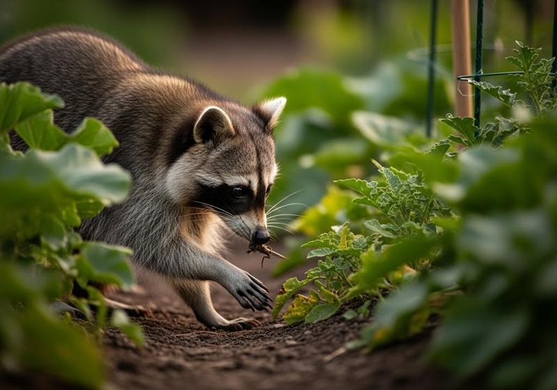A raccoon hunting insects in a vegetable garden at dusk, acting as a natural pest control agent
