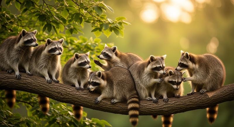 A group of raccoons gathered on a tree branch in a forest, standing and sitting in varied natural poses under soft golden hour light