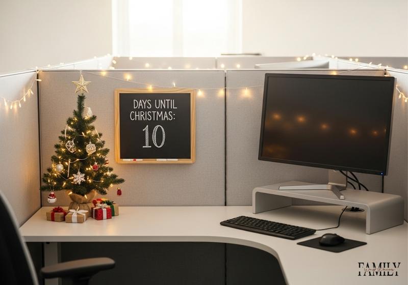 Bright Christmas office cubicle with chalkboard countdown, tree, and festive lights