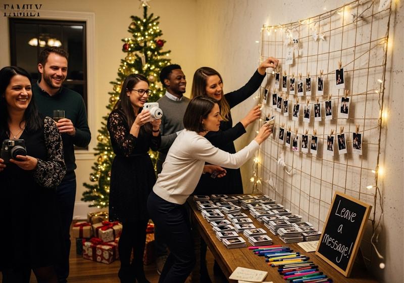 Guests enjoying a Christmas party with a Polaroid photo wall, taking pictures and attaching them to twine with fairy lights, surrounded by a decorated tree, gifts, and message table.