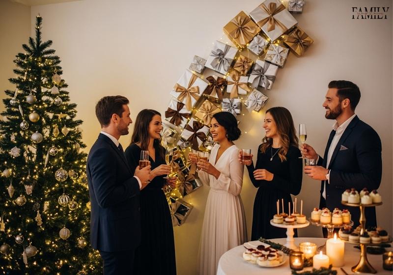 Elegant Christmas party with five guests celebrating near a Christmas tree and a diagonal floating gift box wall installation in metallic gold and silver, with candles and desserts on the table