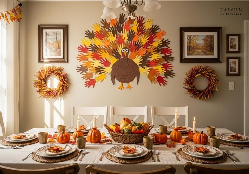 Thanksgiving dining room with a colorful kids’ handprint turkey wall decoration, autumn wreaths, and a festive table setting with pumpkins and candles.