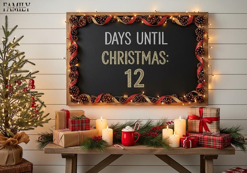 Festive chalkboard Christmas countdown with pinecone garland, gifts, and cozy decor.