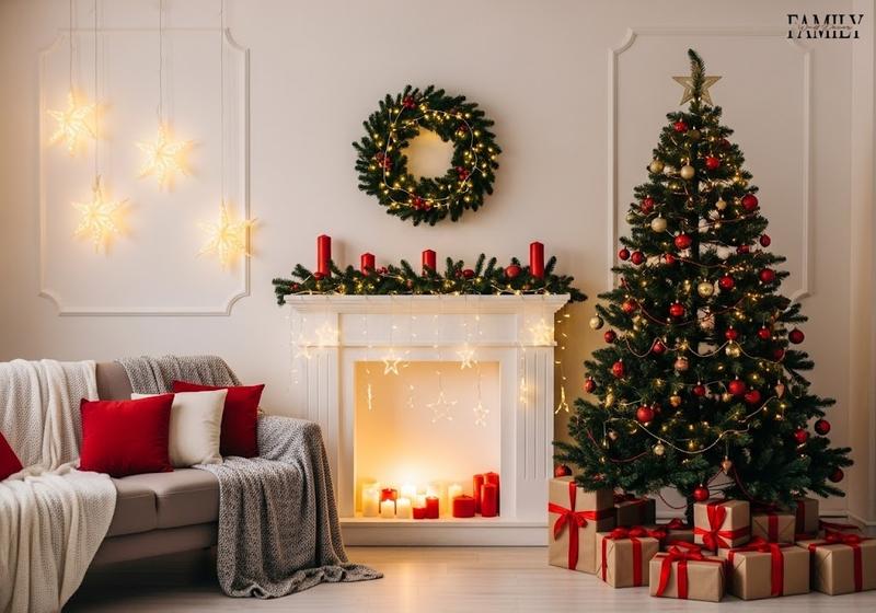 Cozy living room with Christmas tree, gift boxes, and glowing star-shaped light wall decorations above a fireplace adorned with wreath and candles.