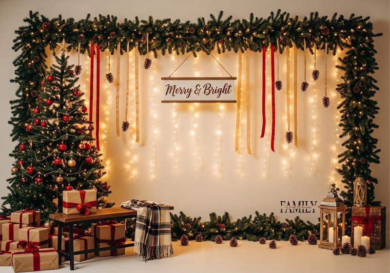 Christmas wall with garland framing, natural pinecone accents, “Merry & Bright” sign, Christmas tree, gifts, and bench with plaid blanket for cozy photo backdrop.