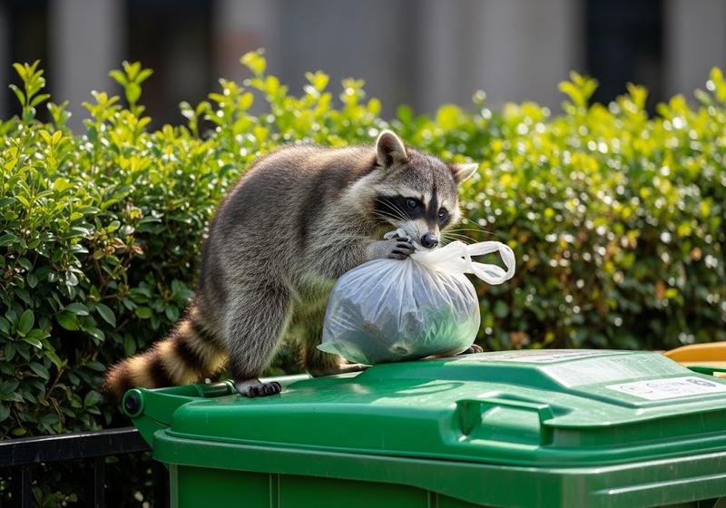 A raccoon grabbing a tied plastic trash bag on an outdoor garbage can in an urban area