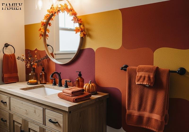 Farmhouse bathroom with autumn fabric wall panels in rust, mustard, and burgundy, featuring a wooden vanity, round mirror, amber bottles, and seasonal pumpkin accents.