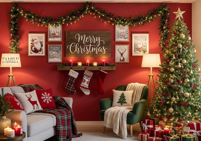 Cozy Christmas living room with festive wall garlands, holiday sign, framed prints, lit Christmas tree, stockings, plaid throws, candles, and wrapped gifts.