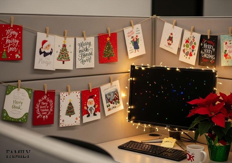 Holiday card gallery wall with clipped cards, twine string, and festive cubicle decor.