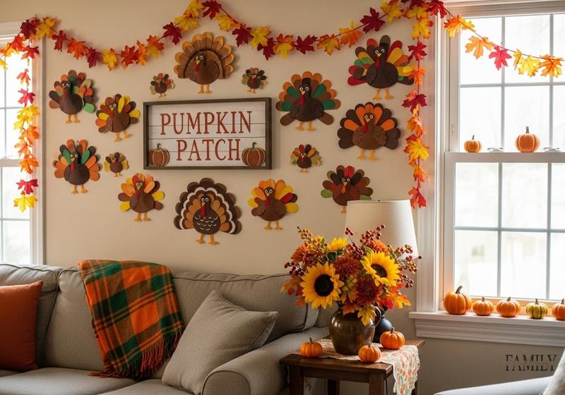Cozy Thanksgiving living room decorated with paper turkey cutouts, a rustic “Pumpkin Patch” sign, fall leaf garlands, and a bouquet of sunflowers, creating a festive and warm holiday atmosphere.