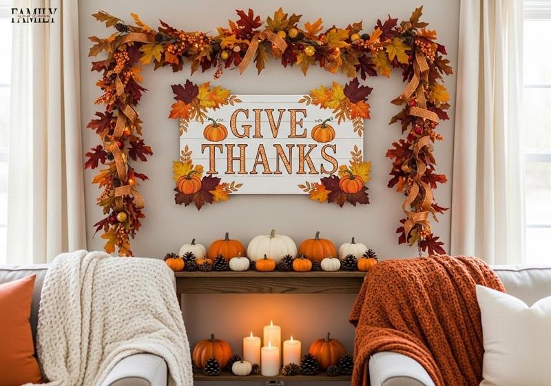 Cozy Thanksgiving wall with “Give Thanks” sign, autumn garland, pumpkins, and candles.
