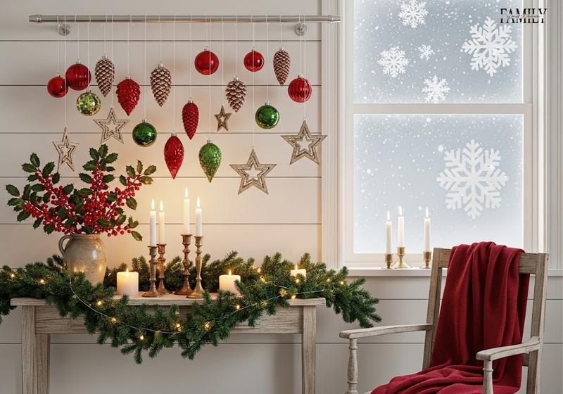 Festive ornaments hanging from curtain rod above garland-topped console with warm lights.