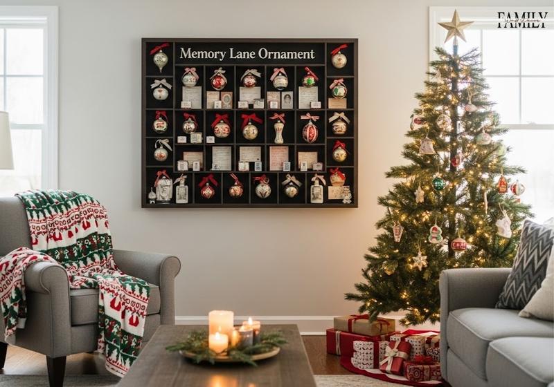 legant Christmas hallway with Joy to the World quote canvas, modern console table with garland and candles, and a lit Christmas tree in the background
